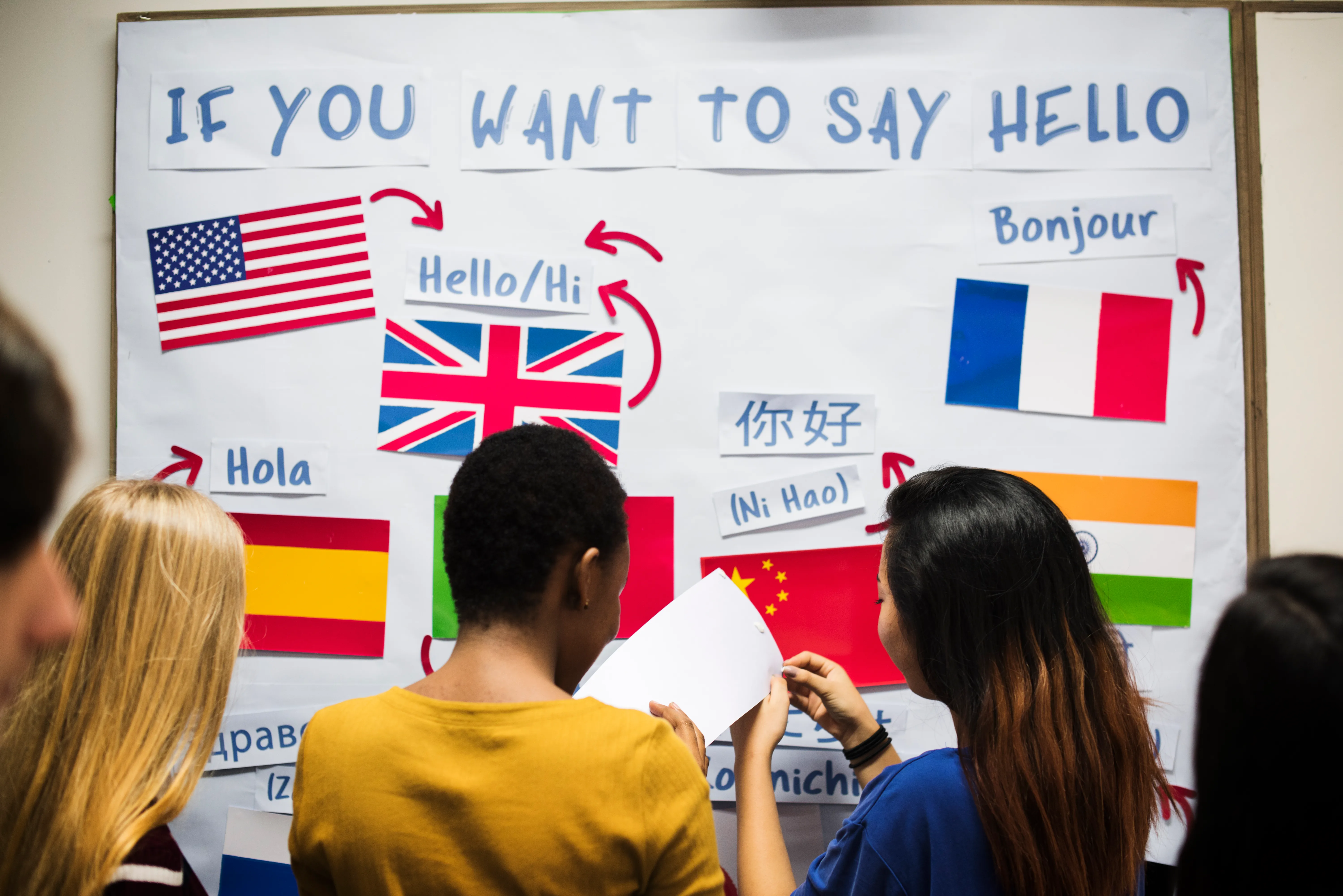 people staring at flags on the walls with different languages saying hello